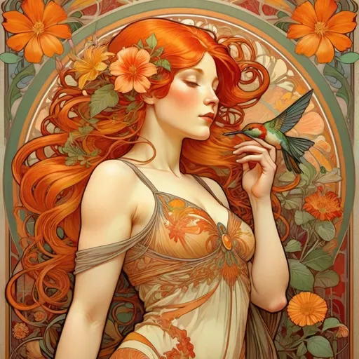 Prompt: Alphonse Mucha Style, art nouveau illustration of a full body ginger haired woman, thick lines, intricate details, beautiful colors, orange, red and yellow flowers with presence of hummingbirds.