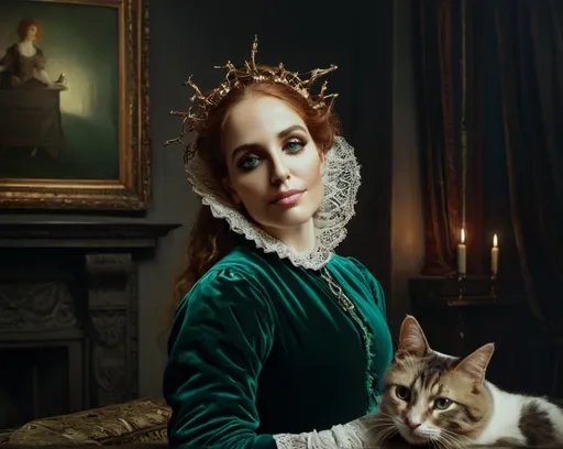Prompt: Oil painting, Rembrandt, The dawn light barely touches the ornate breakfast room, illuminating a dramatic tableau: a richly dressed maiden with a coiffure of long, curly ginger hair, impossibly woven from barbed wire. Her emerald gown cascades around her as she occupies the head of the table, an aura of eerie opulence clinging to her. Her stillness creates a jarring tension against the lavish setting. At her feet, a calico cat slumbers peacefully, oblivious to the unsettling beauty of its mistress in the Dutch golden age