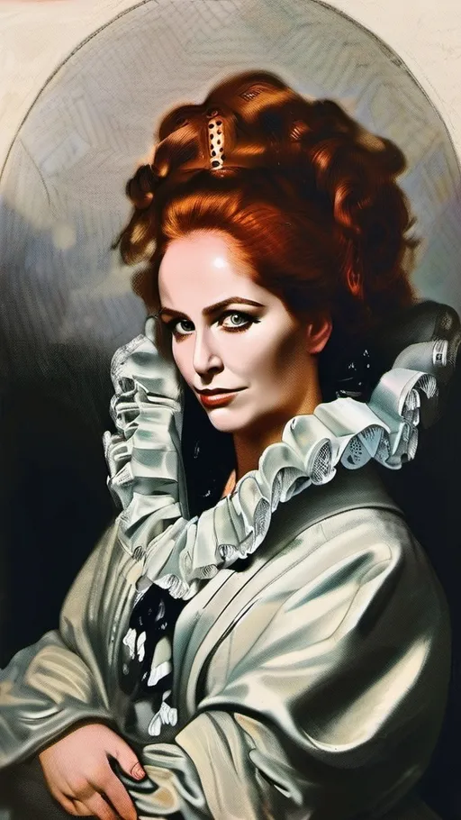 Prompt: Rococo era portrait of a head and shoulders of ginger curly woman wearing a robe, suffering face, carrying a dark shadowy figure on her back.