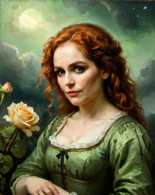 Prompt: Rembrandt-style oil painting: A dramatic scene featuring a ginger curly-haired woman, her form weightless as she floats above the earth. Her pale green silk dress contrasts sharply with the decaying, rot-filled rose garden that forms the background, a stark symbol of lost beauty in the Dutch Golden Age. Her face, brilliantly illuminated by an unseen light source, expresses deep sorrow, her eyes fixed on the sky, a single, glistening tear highlighting her anguish. Her arms are spread wide in a gesture of despair or longing.