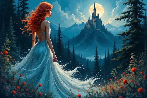Prompt: Envision an enchanting scene set in a mythical forest of towering pines under the shimmering night sky. A woman with cascading curly ginger hair stands gracefully from behind, illuminated by the ethereal glow of moonlight. Dressed in a flowing white gown that dances with the whispers of the night, she gazes wistfully towards the summit of a distant mountain, where a majestic medieval castle looms, cloaked in mystery. The atmosphere is thick with an eerie elegance, perfect for a captivating book cover that invites the imagination to wander.