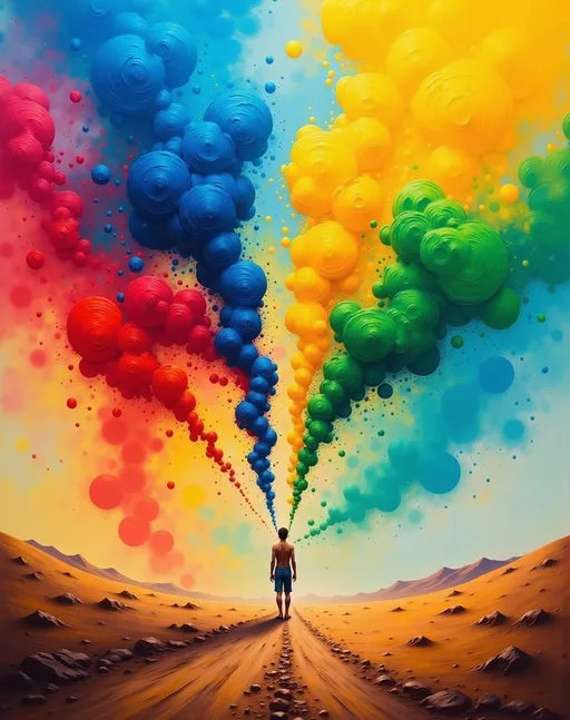 Prompt:  Ultra vivid image, UHD, 8k, a clash between two spinning tornadoes of colors (blue, yellow, ginger, red and green) splattering colorful and golden smoke and brush strokes on the earth around. The tornadoes open a swirling hole in the sky. The tornadoes spin throughout a desert valley. Oil on canvas style with thick impasto paint.