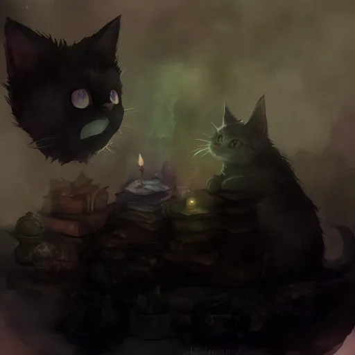 Prompt: One Cat wearing a wizard hat, red eyes, mischievous expression 