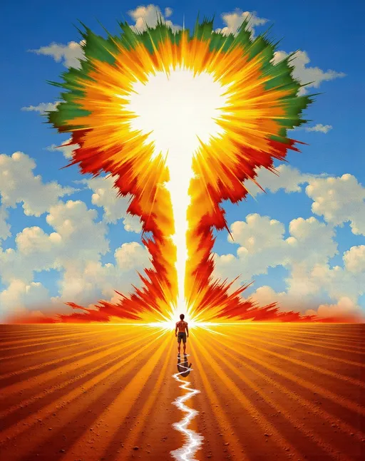 Prompt:  Ultra vivid image, UHD, 8k, a clash between two spinning tornadoes of colors (blue, yellow, ginger, red and green) splattering colorful and golden smoke and brush strokes on the earth around. The tornadoes open a swirling hole in the sky. The tornadoes spin throughout a desert valley. Oil on canvas style with thick impasto paint.