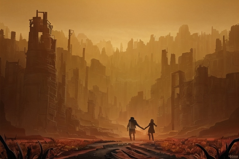 Prompt: A couple, holding hands, facing a brown pallette valley, a single small yellow flower shines at distance, The last of us, distopic reality, autumn season, end of world, uhd,  dramatic.