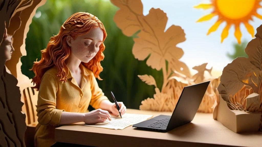 Prompt: a strip of a ginger woman working in poetry and digital art in a computer with a sunny day as background