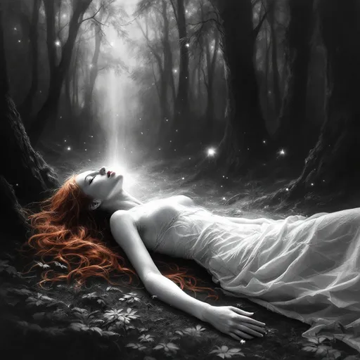Prompt: A grey scale mystique forrest scenario where a ghostly white figure, a lonely ginger long hair girl is lying down, wear a dirty nightdress. A light beam shines from behind her skinny body. Only her hair is strong colored in red. Through the Forrest brights fireflies are seen. The scene is ethereal, surreal, forlorn. Charcoal in a white canvas.