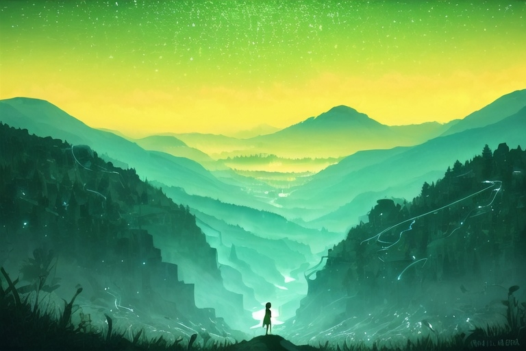 Prompt: Ultra vivid image of A couple, holding hands, up in a mountain, facing a green pallette valley, in the blue sky several interconnected alien swirls shining upon the valley, yellow fireflies all around, The last of us, distopic reality, spring season, sci-fi style, uhd, eerie feeling.