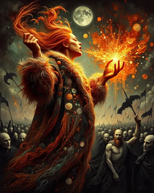 Prompt: Dramatic ginger hair woman empowered (side view) wearing a long fluffy fur colorful coat, the woman is screaming at full lungs, flames come out of her mouth, both fists closed sparkling high in the air. The woman is surrounded by people in black and white, pale. Dark debris and havoc as background. 