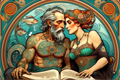 Prompt: An inked and fantastic old couple: Ulisses and Penelope both bodies completely tattooed with symbols and letters. Ulisses reads manuscripts and Penelope cleans fish. The couple is in a magnific vessel alongside a Greek island. Alphonse Mucha Style, art nouveau illustration, thick lines, intricate details, beautiful colors.