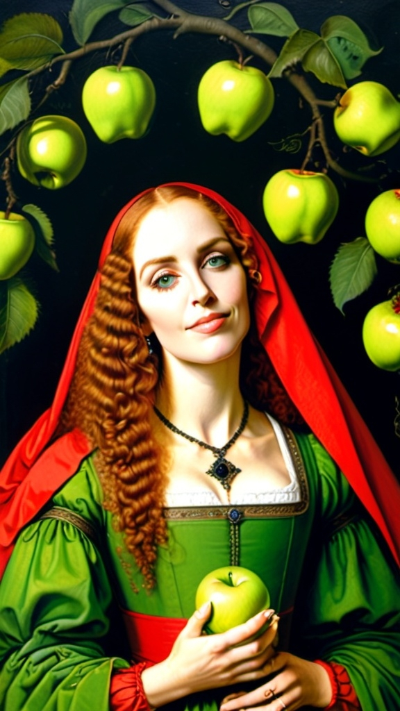 Prompt: Portrait Painting by Van Eyck portrait head and shoulders of a ginger curly hair woman wearing a rouge and humble gown (daughter, fruit and seed from indignation) holding and bitten green apple amazingly intricate,detailed garden background
