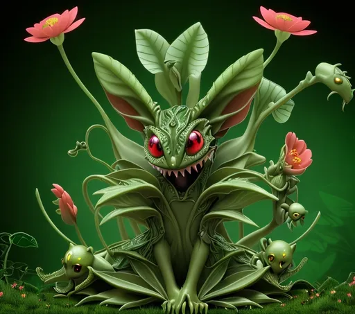 Prompt: A garden of light green, sharp teeth, red eyes and little hands of several carnivorous plants disgustingly eating ultra colored small flowers while dandelions escape flying away.