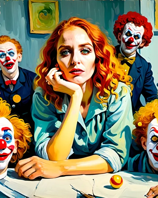 Prompt: Oil painting, van Gogh style, A ginger curly hair woman wearing a rag cloths,the woman sits at a white table surrounded by clowns, the woman intelligence sabbotages her, shock expression.