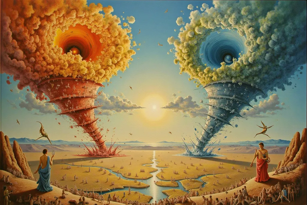 Prompt:  Ultra vivid image, UHD, 8k, a clash between two spinning tornadoes of colors (blue, yellow, ginger, red and green) splattering colorful and golden smoke and brush strokes on the earth around. The tornadoes open a swirling hole in the sky. The tornadoes spin throughout a desert valley. Oil on canvas style with thick impasto paint.