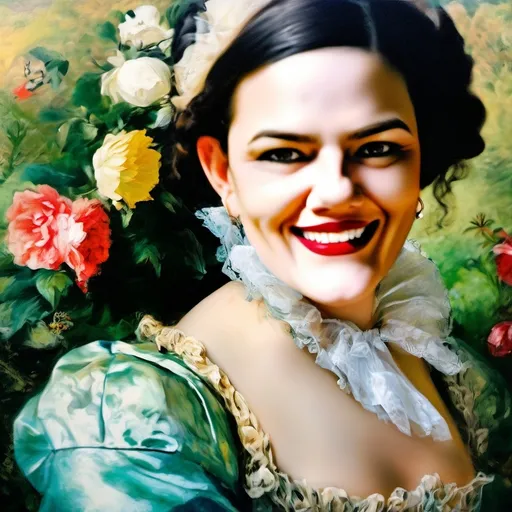 Prompt: Rococo era portrait of a woman and a man, smiling, in love, oil painting, luxurious clothing, a garden as background, sunny day