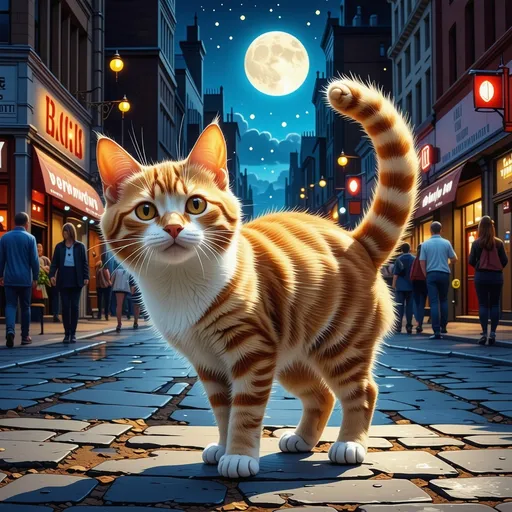 Prompt: An enchanting inked odyssey featuring a spirited ginger cat as it navigates the vibrant city streets by night, embarking on a series of whimsical adventures. Each scene should capture the cat's joyful demeanor, with its tail held high and ears perked, showcasing a tapestry of nocturnal escapades. From playful encounters with street performers and delightful interactions with curious passersby to thrilling chases after elusive shadows under the moonlight.