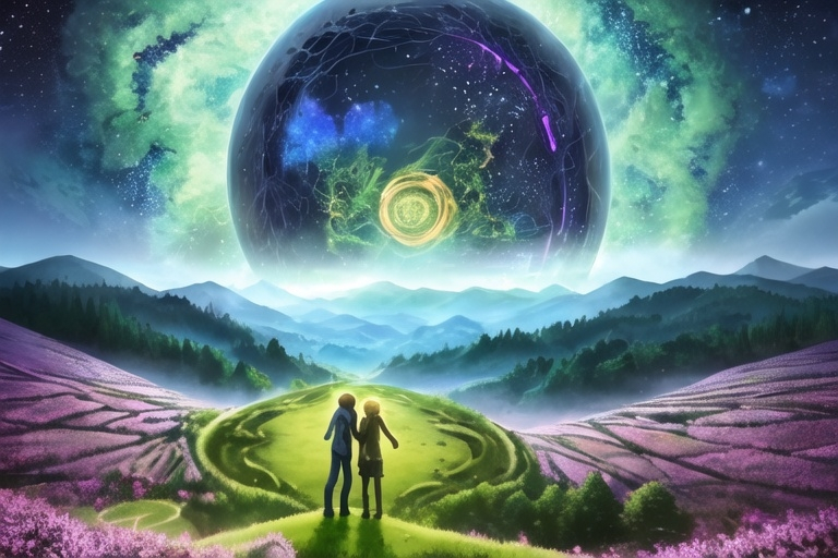 Prompt: Ultra vivid landscape of A couple, holding hands, up in a mountain, facing a green pallette valley, in the blue sky several interconnected swirls made by aliens shining upon the valley, yellow fireflies all around, The last of us, distopic reality, spring season, sci-fi style, uhd, eerie feeling.