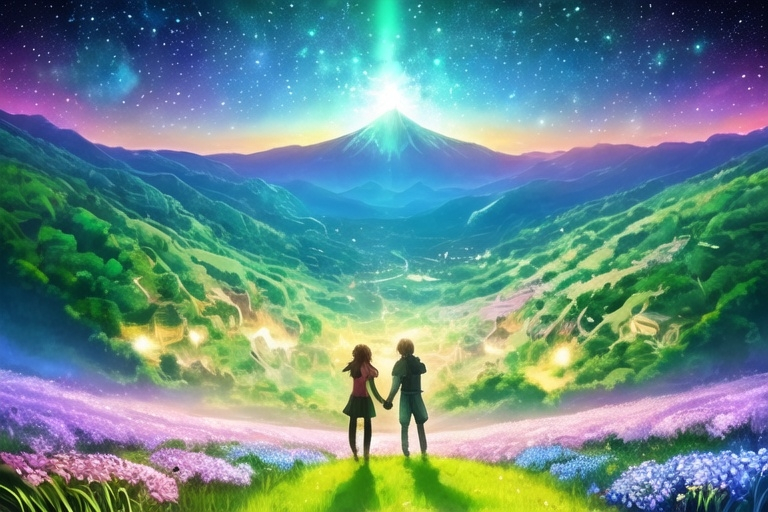 Prompt: Ultra vivid landscape of A couple, holding hands, up in a mountain, facing a green pallette valley, on the blue sky several interconnected big whimsical swirls made by aliens shining upon the valley, yellow fireflies all around, The last of us, distopic reality, spring season, sci-fi style, uhd, eerie feeling.