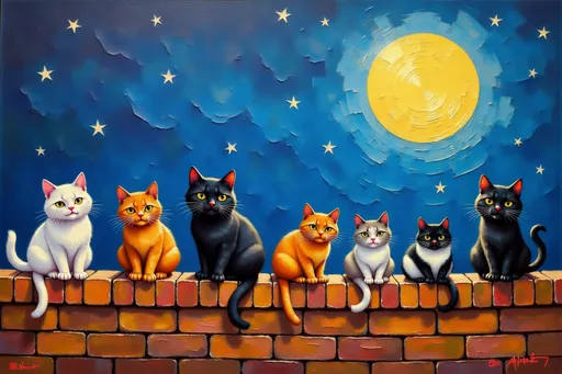 Prompt: oil on canvas Seven charming doodle cats playfully perched on a whimsical wall under the glowing light of a full moon night. The group includes a fluffy white cat, a sleek black feline, a playful ginger, a soft grey kitty, a striking black-and-white cat, and a graceful Siamese. Each cat embodies its unique personality as they enjoy their night-time adventure, surrounded by twinkling stars and gentle shadows.