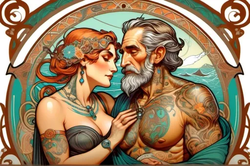 Prompt: An inked and fantastic old couple: Ulisses and Penelope both bodies completely tattooed with symbols and letters. Ulisses reads manuscripts and Penelope cleans fish. The couple is in a magnific vessel alongside a Greek island. Alphonse Mucha Style, art nouveau illustration, thick lines, intricate details, beautiful colors.