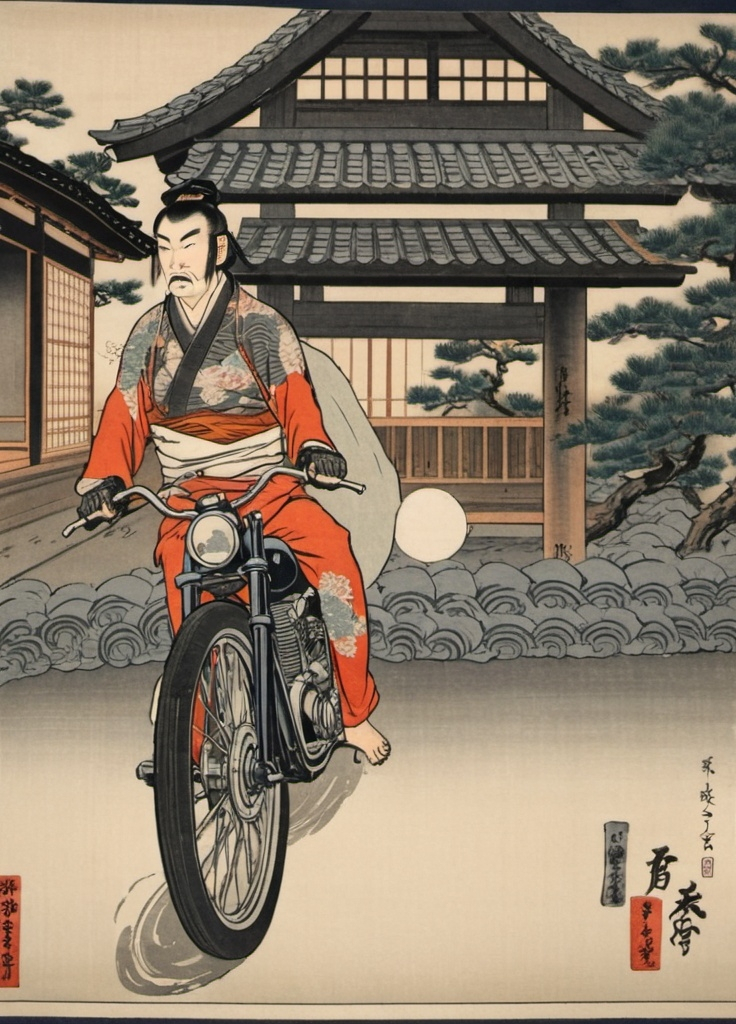Prompt: Ukiyo-e japanese art of a biker man