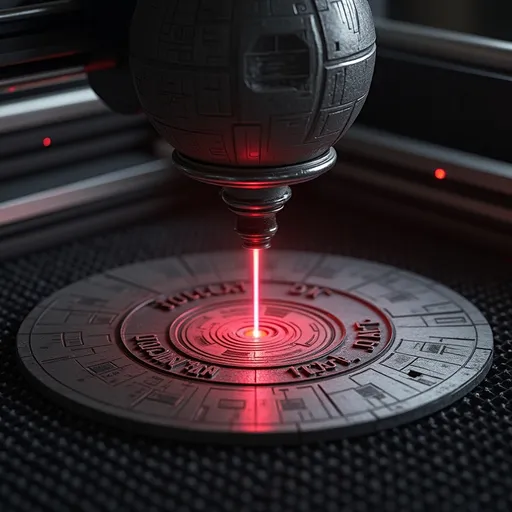 Prompt: photorealistic, real, full laser engraving machine, star wars death star is mounted a laser head. a laser beam is comming out of the death star an engraves a plate