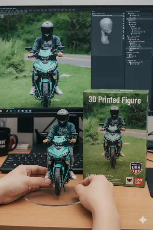 Prompt: This photograph showcases a detailed scene centered around a figurine of a motorcyclist. The figurine, prominently displayed in the foreground, depicts a rider wearing a black helmet and a teal and black jacket, seated on a teal and black motorcycle with detailed textures mimicking the real bike's design. The rider's hands are on the handlebars, and the figure is positioned facing forward. The figurine is held by two hands in the lower part of the image.

In the background, a computer screen displays an identical image of the motorcyclist figurine in a real-life setting, with the rider positioned on a road bordered by green grass and trees. The computer screen also shows a grayscale 3D model of the helmet, suggesting a design or editing software interface.

To the right, a boxed figurine is visible, featuring the same design as the one held in the hands, with a label indicating it is a "3D Printed Figure" and includes a "Made in USA" sticker. The desk surface is wooden, and a black keyboard and a red mug are partially visible on the left side of the image. The overall color palette includes greens, teals, blacks, and natural wood tones. The photograph is sharp and well-lit, highlighting the figurine's detailed craftsmanship.