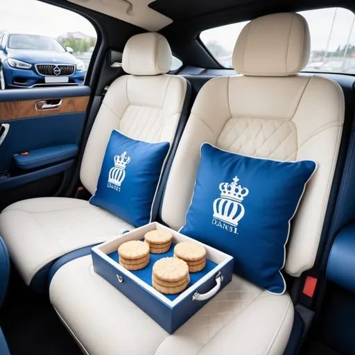 Prompt: back seat of modern car decorated with classic royal danish design with blue and white color, there are pillows with kingdom logo and there is a Royal Dansk Butter Cookies served as afternoon tea time snack