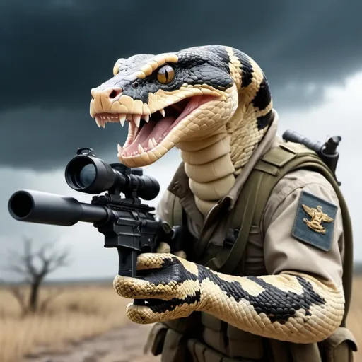 Prompt: A boa snake showing his teeth and handing sniper gun and going to war wearing a Kevlar. Background should be a battlefield with stormy weather. The image should be 3D generated in anime style