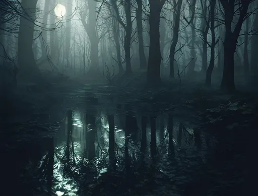Prompt: Scary forest with a path, snare in tree, water puddle with reflected anomaly, moonlight in fog and shadows.