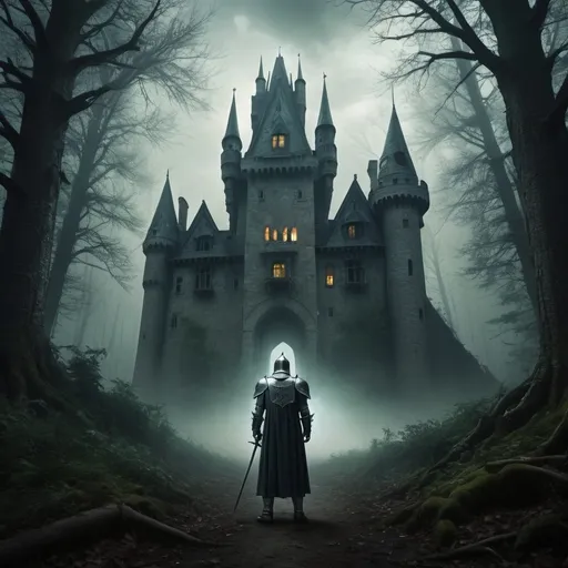 Prompt: Supernatural castle, eerie forest, realistic, otherworldly, scary, knight