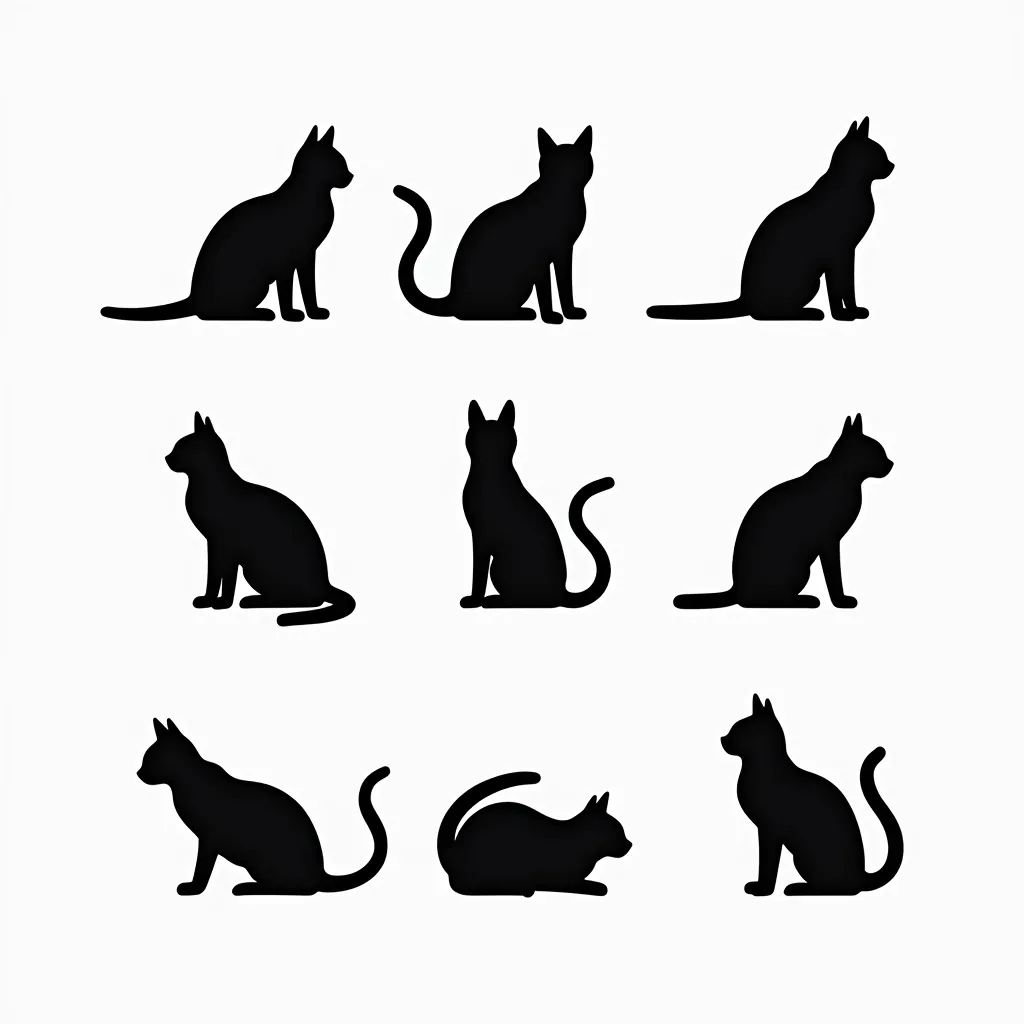 Prompt: Create a black silhouette six different poses cat  icon in solid white background. The image layer will be completely plain and clean. There will be no text elements object in the image background.