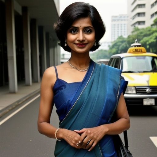 Prompt: an old lady dressed in elegant blue saree. Photo of smiling woman with suitcase  . short hair, short dress ,  high quality, photorealistic, ultra-realistic,  on a road . Tall buildings behind . A TAXI WITH "KABBY" written is parked near her . She has mobile in her hand . 