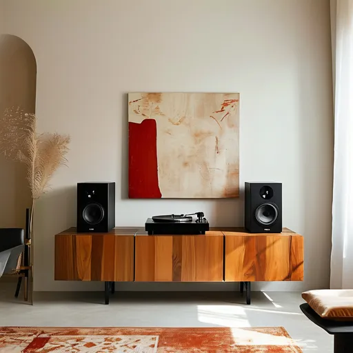 Prompt: Generate a room where the floor is beige and the walls are white. In front of this room, place a dark oak sideboard. On the sideboard, place a black turntable and a black/red painting on the wall, right above the turntable. Next to the turntable, place two medium-sized black speakers. Create an atmosphere of peace and tranquility with warm colors in this room.