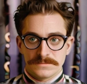 Prompt: a man with  glasses with a mOustache on his face and a striped shirt on his shirt, Evan Charlton, maximalism, portrait photography, a character portrait