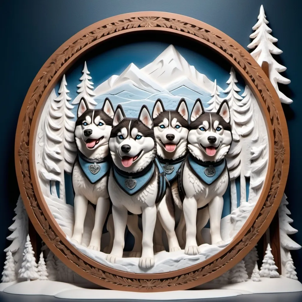 Prompt: (bas relief) round design of a (majestic husky) and (energetic sled team), intricate textures and details emphasizing fur patterns, dynamic poses of the dogs pulling the sled, (dramatic shadows) enhancing depth, (cool color tones) reflecting a snowy landscape, surrounded by (frosted trees) and a serene winter sky, ultra-detailed craftsmanship, capturing the spirit of adventure in a frosty atmosphere.