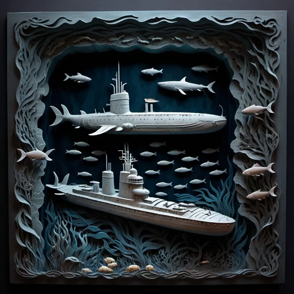 Prompt: naval, bas relief, submarine 