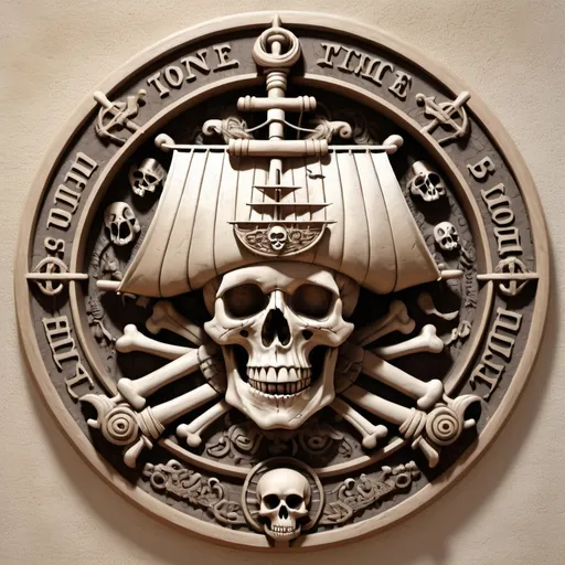 Prompt: (bas relief) round design of a pirate ship, skull and cross bones , circular border with ancient type text