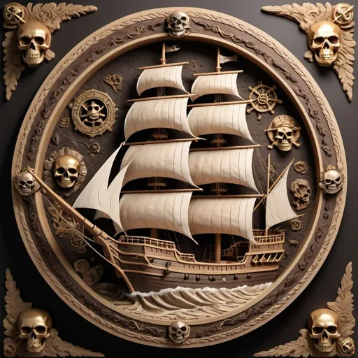 Prompt: (bas relief) round design of a (detailed pirate ship) with intricate sails and cannons, (skull and crossbones) prominently displayed, (circular border) featuring (ancient-style text), muted earth tones with touches of gold, dramatic shadows creating depth, (vintage) aesthetic, (ultra-detailed), captivating atmosphere evoking adventure and mystery.