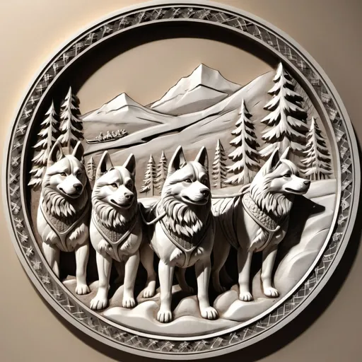 Prompt: bas relief  round design of a husky and sled team
