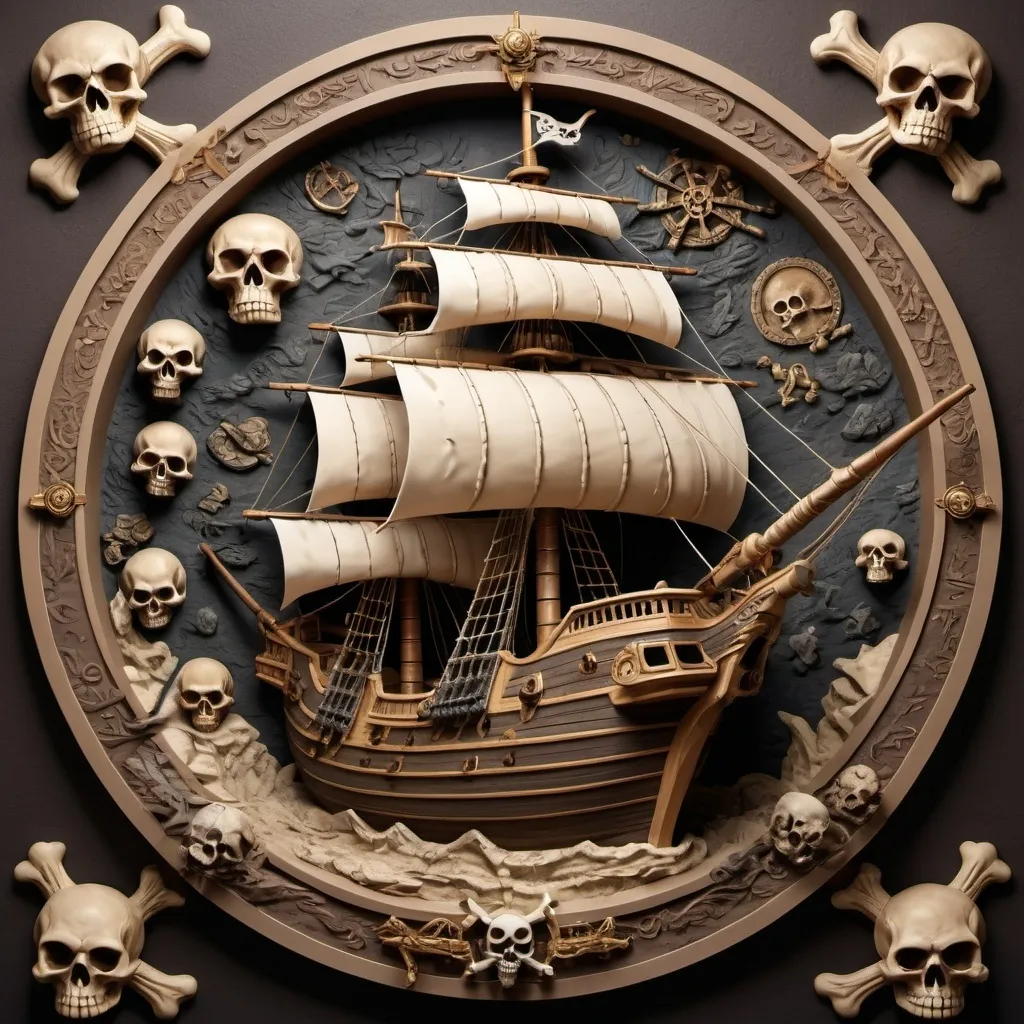 Prompt: (bas relief) round design of a (detailed pirate ship) with intricate sails and cannons, (skull and crossbones) prominently displayed, (circular border) featuring (ancient-style text), muted earth tones with touches of gold, dramatic shadows creating depth, (vintage) aesthetic, (ultra-detailed), captivating atmosphere evoking adventure and mystery.