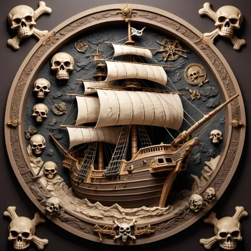 Prompt: (bas relief) round design of a (detailed pirate ship) with intricate sails and cannons, (skull and crossbones) prominently displayed, (circular border) featuring (ancient-style text), muted earth tones with touches of gold, dramatic shadows creating depth, (vintage) aesthetic, (ultra-detailed), captivating atmosphere evoking adventure and mystery.