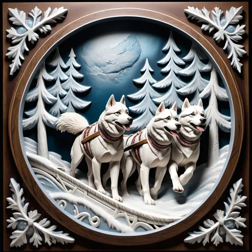 Prompt: (bas relief) round design of a (majestic husky) and (energetic sled team), intricate textures and details emphasizing fur patterns, dynamic poses of the dogs pulling the sled, (dramatic shadows) enhancing depth, (cool color tones) reflecting a snowy landscape, surrounded by (frosted trees) and a serene winter sky, ultra-detailed craftsmanship, capturing the spirit of adventure in a frosty atmosphere.
