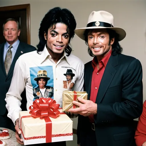 Prompt: michael jackson in a birthday hat celebrating a birthday, extending a present to the viewer of the picture. next to him is chuck norris also holding a present.