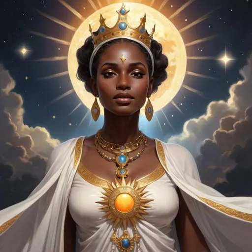 Prompt: Dark-skinned woman clothed with the sun, moon under her feet, crown of twelve stars, celestial setting, ethereal glow, ancient eygptian  symbolism, high quality, digital painting, radiant aura, majestic pose, flowing robes, divine light, heavenly atmosphere, detailed facial features, vibrant colors, divine, ethereal, celestial, symbolic, regal, radiant, high quality, digital painting, atmospheric lighting photorealistic,
