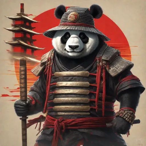 Prompt: ,  hd,  hyperrealism,  wicked futuristic digit samurai panda with a rice hat wearing a classic Kung Fu outfit with wooden toggles and bearing to samurai swords one short one long with a wicked grin on his face and nothing in the background except for a red Sun
