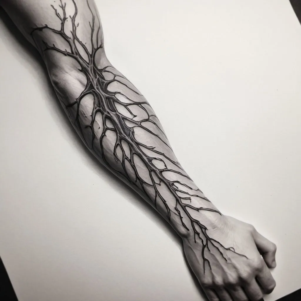 Prompt: tattoo sketch, arm veins as if enveloped by something mystical 