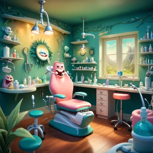 Prompt: (fantasy-inspired dental scene), whimsical dental tools, (magical glow), anthropomorphic teeth characters, enchanted dental office, vibrant colors, ethereal background with soft, mystical light, harmonious atmosphere, playful yet informative vibe, intricate details in dental instruments, lush fantasy landscapes, (ultra-detailed), high quality, imaginative elements, a touch of humor in the composition.