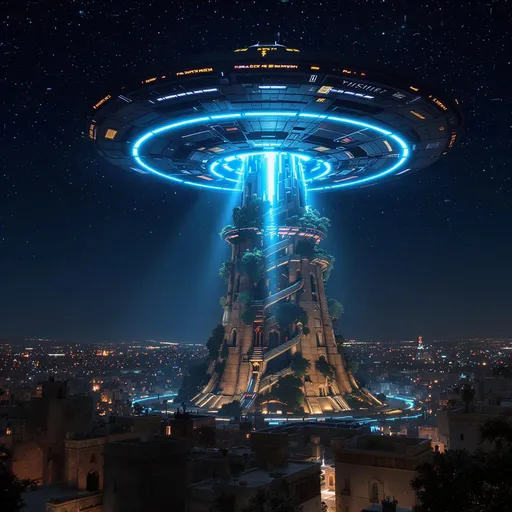 Prompt: A cinematic nighttime scene of an ancient city inspired by Babylon at its peak, under a clear starry sky. At the center stands a colossal, partially cybernetic Tower of Babel, blending stone architecture with futuristic, biomechanical elements. A lush hanging garden encircles the tower mid-height. From above, a massive alien mothership hovers directly over the tower, emitting a wide, neon-blue energy beam about 15 meters across, illuminating the garden and surrounding structures. The ship is advanced, functional, designed for exploration, with visible technical components and subtle military and medical insignias. The environment features warm stone buildings, glowing canals, and deep shadows contrasted by the powerful neon light. The visual style is high-quality sci-fi movie set design, blending ancient myth and futuristic realism.