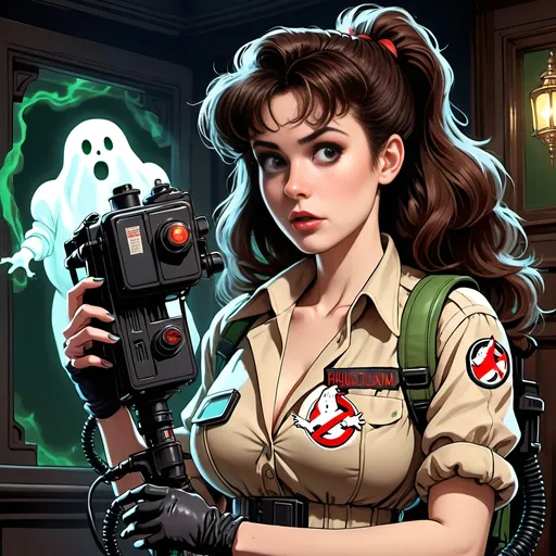 Prompt: (1980s anime), female ghostbuster, ghostbusters, scantily clad, proton_pack, ectoplasm, horror, haunted mansion, haunting, brunette, highly detailed hair, highly detailed eyes, phantasm